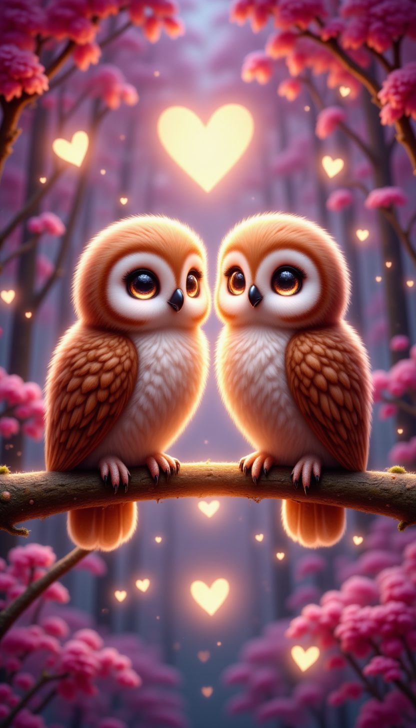 pinkchibivalentine, 
Two brown owls perched on a branch, forming a heart shape with their heads, surrounded by tiny glowing hearts.