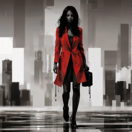 a beautiful woman melting, line art, red office suit made of melted black wax, wet hair, walking on the sidewalk, unreal, water vapor, black liquid, modern city, midday sun, sun reflections <lora:sd_xl_offset_example-lora_1.0:0.35> <lora:Projext_X2:-1.2>