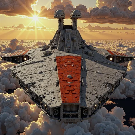 v3nat0r, Create a high quality front view image of a republic venator class star destroyer with red stripes and a vibrant, scenic view, with the sun casting a golden glow across the scene in the background. The massive, wedge-shaped Star Destroyer is positioned in the foreground, its sleek, angular hull catching the sunlight, while shadows accentuate its imposing structure.