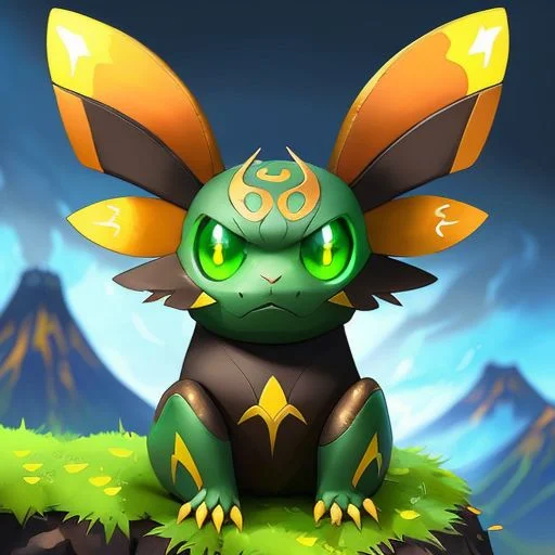 (samdoesarts style:1.3) a funny moss-green (electric:1.2) butterfly Pokemon with gold hair, glowing eyes, Lava world or volcano, highly detailed, intricate