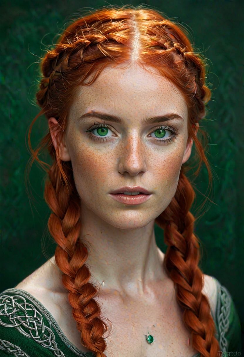 photorealistic, portrait, woman, fiery red hair, emerald green eyes, intricate Celtic braid, detailed, freckles (optional:0.7), soft light, natural makeup (optional:0.8)