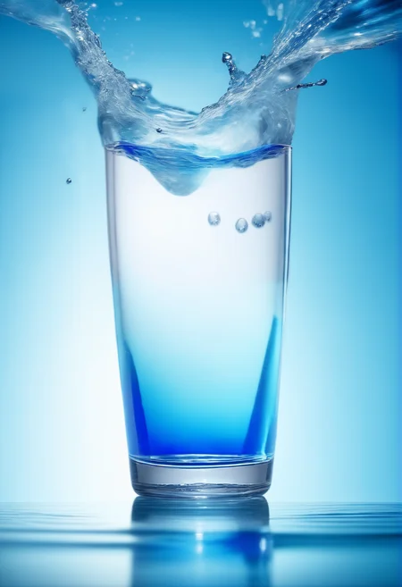 <lora:cup_β:1> A clear glass with dynamic water splashes around it. The background is a pure light blue that contrasts with the translucent blue water, creating an interesting visual effect. The glass is empty and looks very clear and is the main focus of the picture