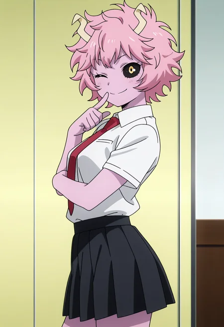 absurdres, masterpiece, best quality, very aesthetic, 1girl, m1n4, pink skin, colored skin, short hair, pink hair, black sclera, yellow eyes, horns, indoors, collared shirt, white shirt, red necktie, black skirt, pleated skirt, miniskirt, looking at viewer, crossed arm, finger to mouth, smile, one eye closed, from side, anime screencap, solo, <lora:Mina_Ashido-My_Hero_Academia-ilibibu-IL-v1:0.8>