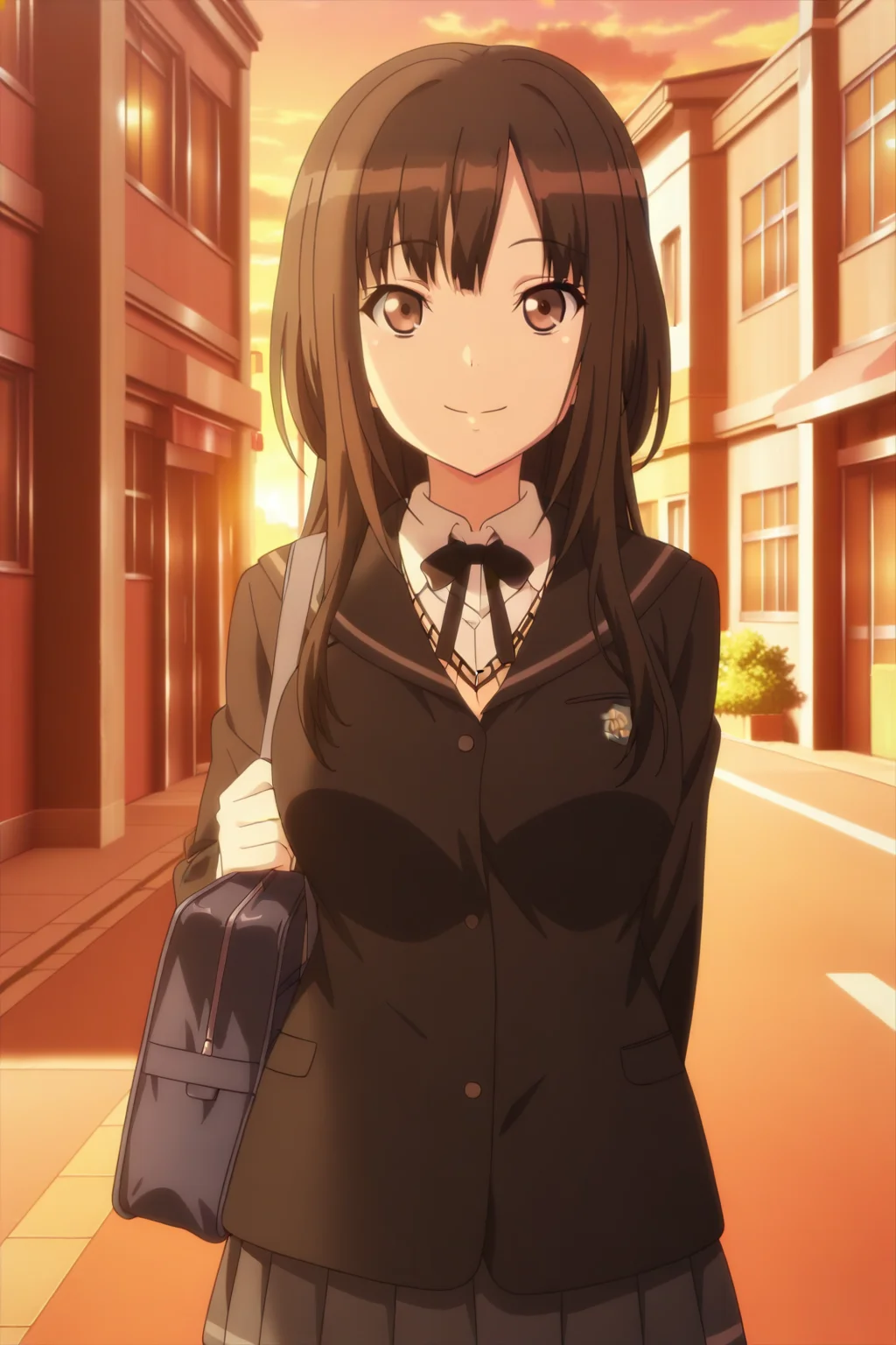 anime screenshot, kamizaki makoto, 1girl, solo, black hair, long hair, brown eyes, large breasts, school uniform, kibito high school uniform, black jacket, white shirt, collared shirt, long sleeves, brown sweater vest, black ribbon, neck ribbon, grey skirt, pleated skirt, school bag, looking at viewer, smile, cowboy shot, outdoors, street, sunset, masterpiece, best quality, high quality, highres, absurdres, <lora:kamizaki_makoto_ILXL:0.9>