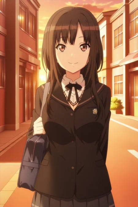 anime screenshot, kamizaki makoto, 1girl, solo, black hair, long hair, brown eyes, large breasts, school uniform, kibito high school uniform, black jacket, white shirt, collared shirt, long sleeves, brown sweater vest, black ribbon, neck ribbon, grey skirt, pleated skirt, school bag, looking at viewer, smile, cowboy shot, outdoors, street, sunset, masterpiece, best quality, high quality, highres, absurdres, <lora:kamizaki_makoto_ILXL:0.9>