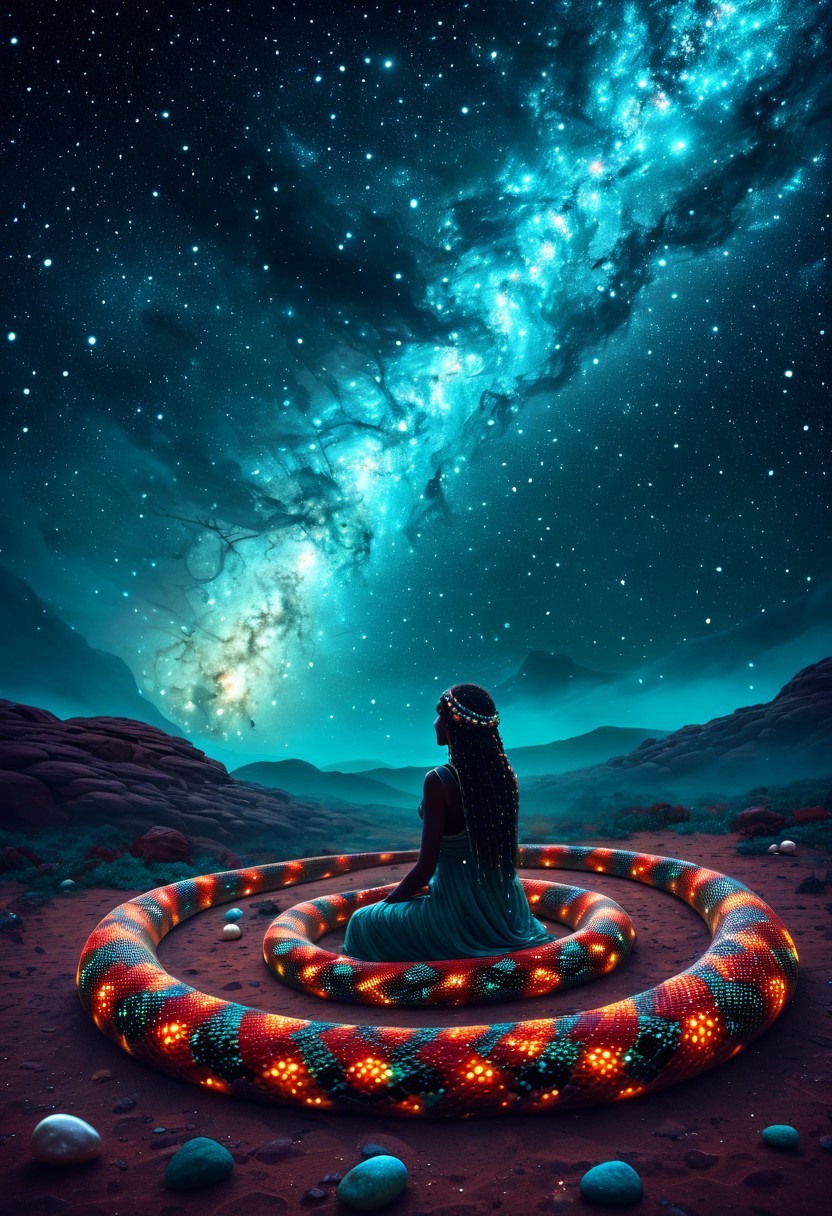 the sacred aboriginal snake-woman goddess, her body made of a million stars coiled in the night sky as an immense representation of an incandescent snake of color dots, ocre, red, turquoise beans, pearls, lizard, depth of field, soft tones, mist mysteries, star field, milyk way, dreamlike space scenery, orobouros,