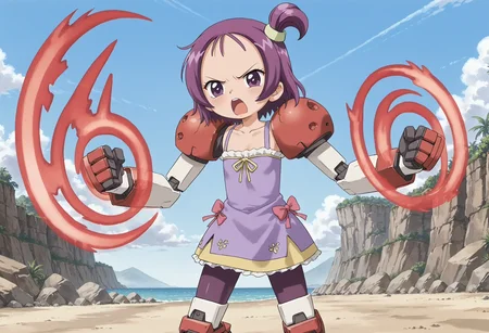 <lora:Hyper-SDXL-8steps-lora:1><lora:Fixhands_anime_bdsqlsz_V1:1> zPDXL2, score_9, score_8_up, score_7_up, source_anime, intricate details, perfect anatomy BREAK,
outdoors, beach, expressionless, 1girl, solo, fighting stance, angry, screaming, punching,
<lora:GAGE-titus_XL(pony)v10:1> GAGE-titus, mecha musume, red shoulder armor, mechanical arms, mechanical legs, (faceless female:-1), energy, energy beam,
<lora:onpuchan_v3:0.9> onpusegawa, purple hair, short hair, one side up, purple eyes, hair ornament, purple dress, bike shorts,