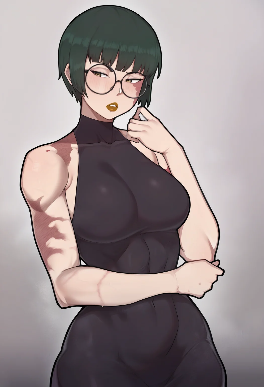 1girl, solo, zen'in maki, glasses, halter dress, skin tight, black dress, toned, short hair, burn scar, round eyewear, lipstick,
masterpiece, best quality, <lora:Intruder-guy90-Illust-Lycorisv1:1> intder