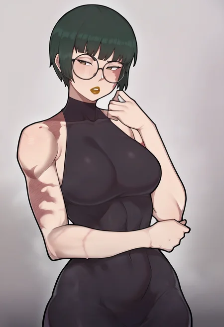1girl, solo, zen'in maki, glasses, halter dress, skin tight, black dress, toned, short hair, burn scar, round eyewear, lipstick,
masterpiece, best quality, <lora:Intruder-guy90-Illust-Lycorisv1:1> intder