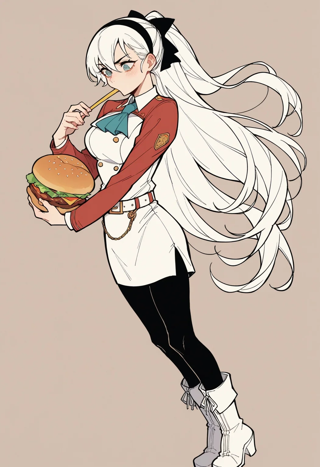 score_9, score_8_up,score_7_up, source_ anime, 1girl,
<lora:traditional_slider_v1_NEGWEIGHT:-0.8>, eating huge burger, <lora:elie-pdxl-nvwls-v1:0.8> zeroElie, black hairband, hair ribbon, long hair, ascot, uniform, long red sleeves, white dress, pencil skirt, belt, black pantyhose, white boots,