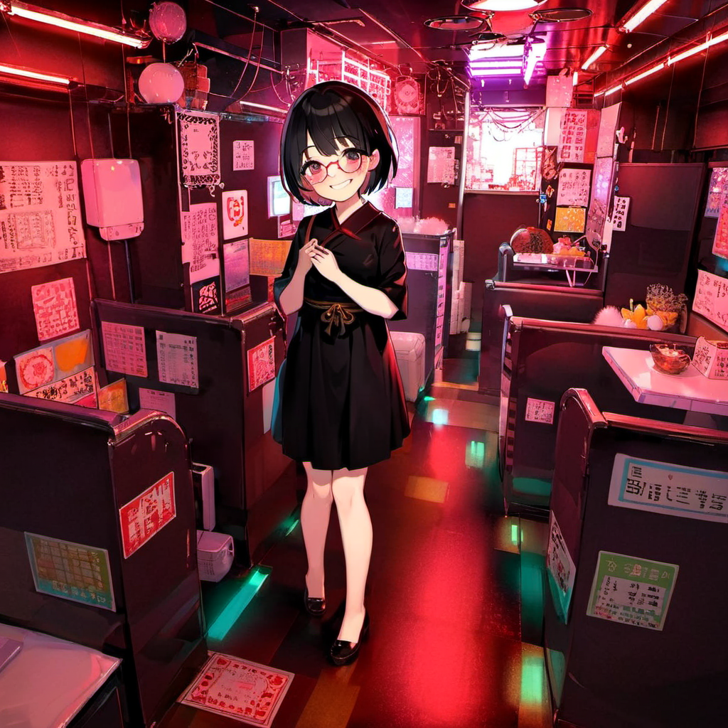 best quality, ultra-detailed, illustration,
pinsalo, scenery, red theme, sign, neon lights, indoors, 
1girl, japanese girl,  cute, (shy smile), glasses, black dress, short hair, black hair, looking at viewer, full body,
<lora:pinsalo_SDXL_V1:1>
