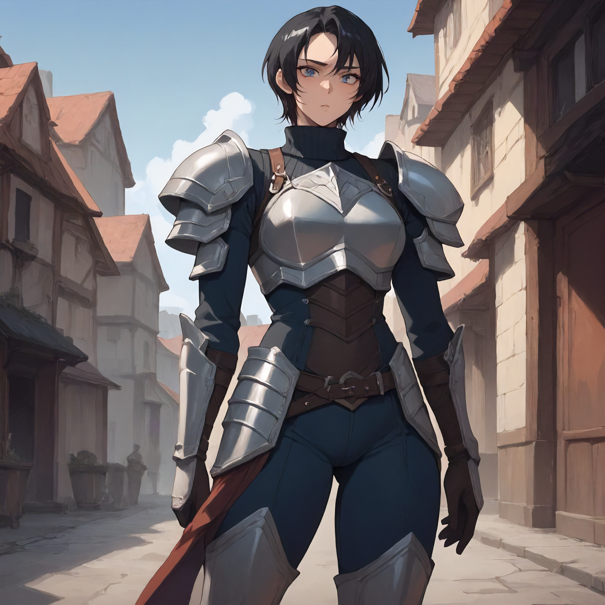 <lora:Art Style Limbus Story Art (Vellmori):1> l1mbu5v3ll,    <lora:MarianPony_v1:0.8> marian, 1girl, black hair, low ponytail, sidelock, short hair, gray-blue eyes, athletic build, strong. dark blue turtleneck, armored chest, armored shoulders, bracers, armored waist, boots., score_9, score_8_up, score_7_up, score_6_up, score_5_up, score_4_up, masterpiece, detailxl. BREAK