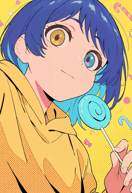 amazing quality, newest, absurdres, halftone \(texture\), 1girl, solo, frill \(wonder egg priority\), blue hair, colored inner hair, heterochromia, yellow hoodie, holding lollipop, closed mouth, from below, face focus, dutch angle, looking at viewer, soft smile, yellow background, lollipop background, candy background, candy cane background, <lora:semham4>