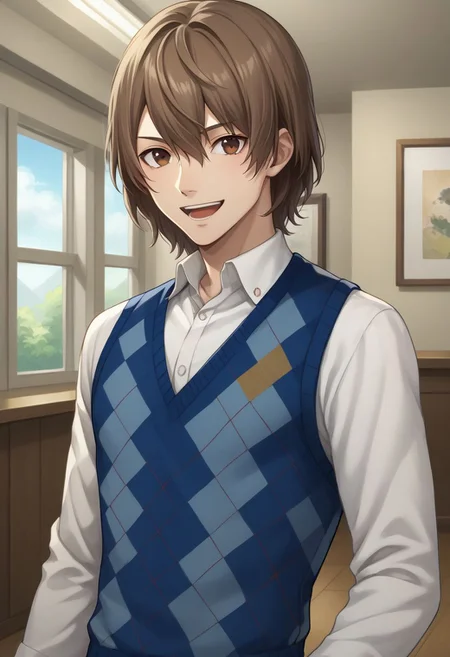 score_9, score_8_up, source_anime, highly detailed, 1boy, solo, male_focus,
goro, solo, brown hair, 1boy, brown eyes, male focus, argyle, shirt, looking at viewer,
upper body, sweater vest, white shirt, vest, smile, open mouth, closed eyes, long sleeves, collared shirt,
inside, stand, dark,