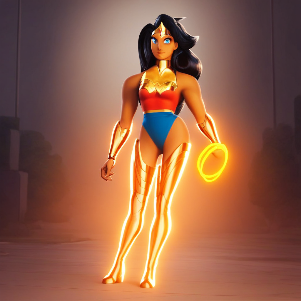Wonder Woman, 1girl, solo, dark-skinned female, dark skin, black hair, long hair, black hair, blue eyes,  superhero, leotard, forehead jewel, boots, thigh boots,  score_9, score_8_up, score_7_up, score_6_up <lora:vinceteaa_020_04v2-step00000400r:1> good face, good eyes, looking at viewer, full body, standing,