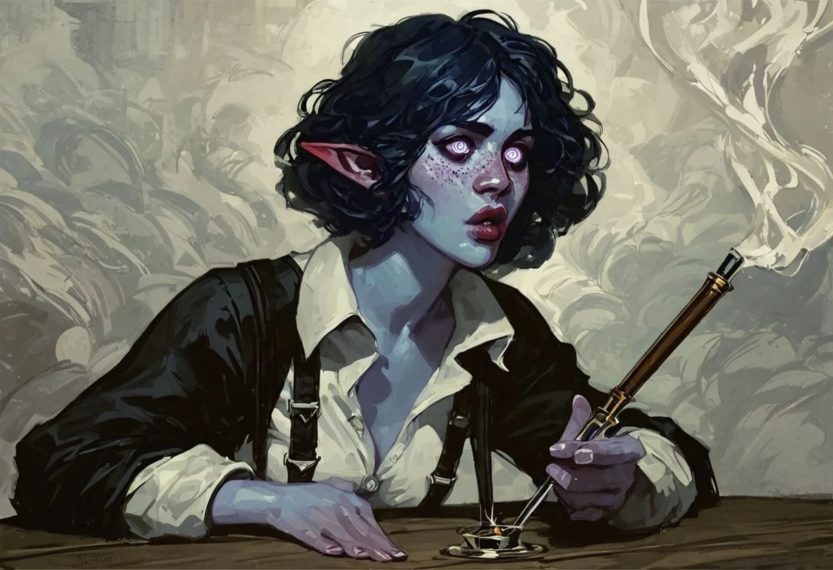 score_9, score_8_up, 8, score_7_up, score_6_up, solo, female, water genasi, pointed ears, blue skin, cobalt eyes, shaggy bob haircut, dark blue hair, purple freckles, full lips, small bust, white button up shirt, sleeves rolled up, suspenders, tight black pants, black dress boots, unbuttoned shirt, loose tie, wide brim black fedora, sitting on the steps of a brothel, holding a pipe, smoke flowing from the pipe, content look on her face, medieval, fantasy