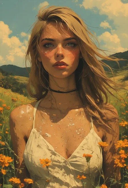Close up front view portrait of a cute woman in a field of wildflowers. Her long wavy blonde hair blows gently in the breeze. She seems peaceful and content as the spring sun warms her pale freckled skin after a cold winter and melts the last of the snow. She wears a sheer white sleeveless dress and her natural figure looks relaxed and comfortable. ne0nfant4sy, vantablack, grainy, perfect composition, close up, detailed, intricate details, natural face, no makeup,