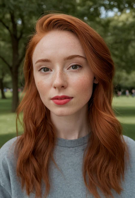 <lora:JuggerCineXL2:0.8> raw photo, raw picture, realism, realistic style, a photo \(medium\) of katiekones \(subject\), wearing acute outfit for me \(wardrobe\), in the park \(background\), looking off camera, red hair, thin lips, facial skin fuzz, body freckles, full body, portrait, highres, best quality, full sharp, 4 k photography, real <lora:katiekones_v1:1>, detailed skin texture, (blush:0.5), (goosebumps:0.5), subsurface scattering, RAW candid cinema, 16mm, color graded portra 400 film, remarkable color, ultra realistic, textured skin, remarkable detailed pupils, realistic dull skin noise, visible skin detail, skin fuzz, dry skin, shot with cinematic camera