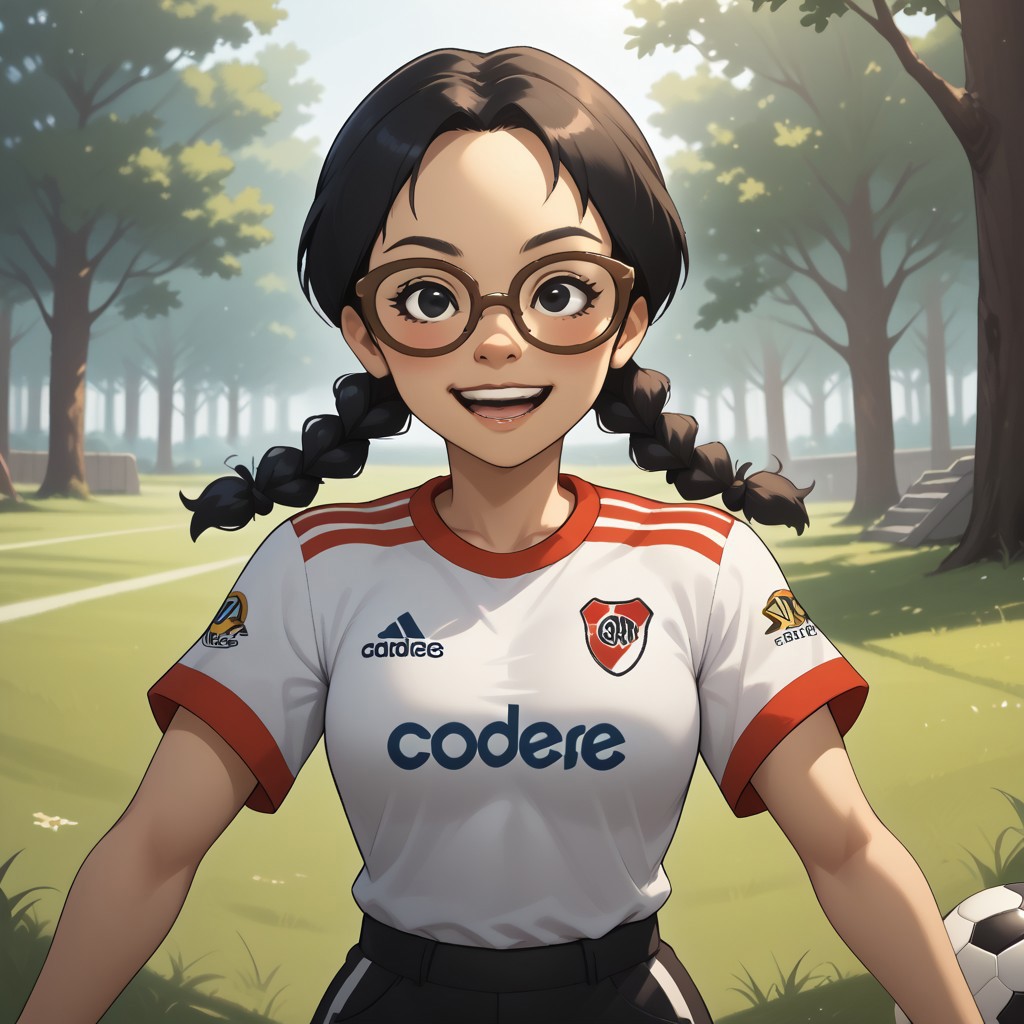score_9, score_8, BREAK, solo, mii, wii, black eyes, brown glasses, small nose, half circle nose, big mouth, open mouth, teeth, mole under mouth, black hair, low braids, RiverPlate, striped shirt, striped, shirt, white shirt, short sleeves, clothes writing, sportswear, soccer uniform, black pants, shoes, blush, 1girl, female mii, cute, medium breasts, keiko_(\Wii_Sports\), wii Sports, Nintendo Mii, modern_mii, classic_mii, sexy pose, self portrait, smile, outdoors, sunlight, shadows, evening lighting, natural lighting, forest, trees, grass, orange sky, sunset