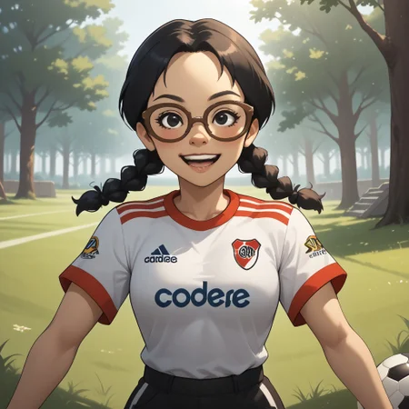 score_9, score_8, BREAK, solo, mii, wii, black eyes, brown glasses, small nose, half circle nose, big mouth, open mouth, teeth, mole under mouth, black hair, low braids, RiverPlate, striped shirt, striped, shirt, white shirt, short sleeves, clothes writing, sportswear, soccer uniform, black pants, shoes, blush, 1girl, female mii, cute, medium breasts, keiko_(\Wii_Sports\), wii Sports, Nintendo Mii, modern_mii, classic_mii, sexy pose, self portrait, smile, outdoors, sunlight, shadows, evening lighting, natural lighting, forest, trees, grass, orange sky, sunset