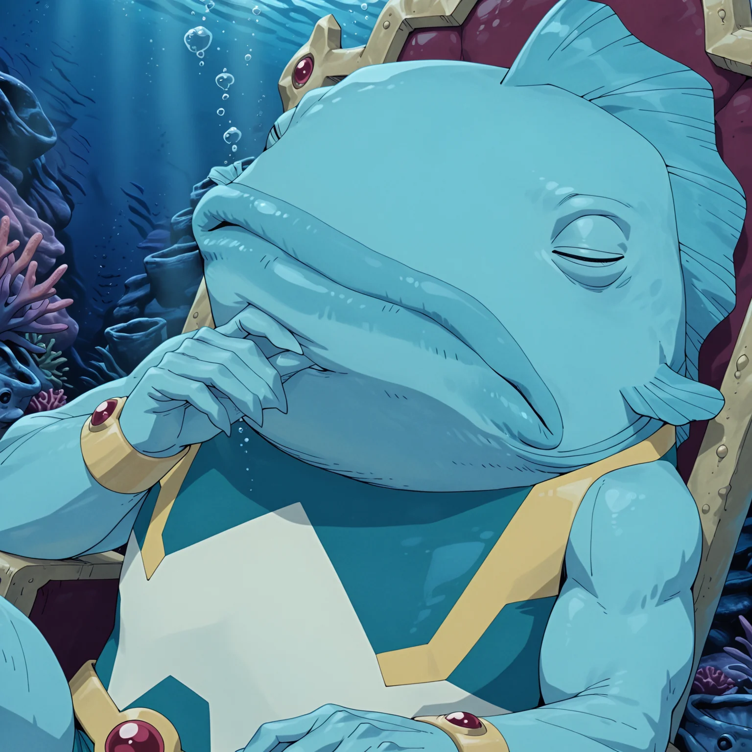 best quality, amazing quality, absurdres, newest, masterpiece, AquariusINV, 1boy, solo, fish boy, aquarius outfit, chest piece, no humans, superhero, blue skin, male focus, underwater, webbed hands, head fin, hand under chin,upper body, close-up, big lips, Atlantis, throne room, sitting on coral throne, sleeping, dutch angle, snoring <lora:Aquarius_Invincible:1> <lora:NOOB_vp1_detailer_by_volnovik_v1:1>