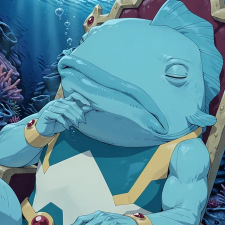 best quality, amazing quality,  absurdres, newest, masterpiece, AquariusINV, 1boy, solo, fish boy, aquarius outfit, chest piece, no humans, superhero, blue skin, male focus, underwater, webbed hands, head fin, hand under chin,upper body, close-up, big lips, Atlantis, throne room, sitting on coral throne, sleeping, dutch angle, snoring <lora:Aquarius_Invincible:1>  <lora:NOOB_vp1_detailer_by_volnovik_v1:1>