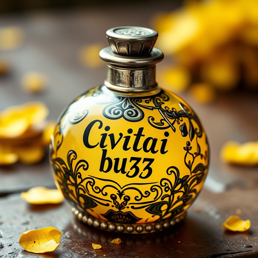 a fancy fantasy yellow potion that say "Civitai buzz" with sliver trimming metal casing