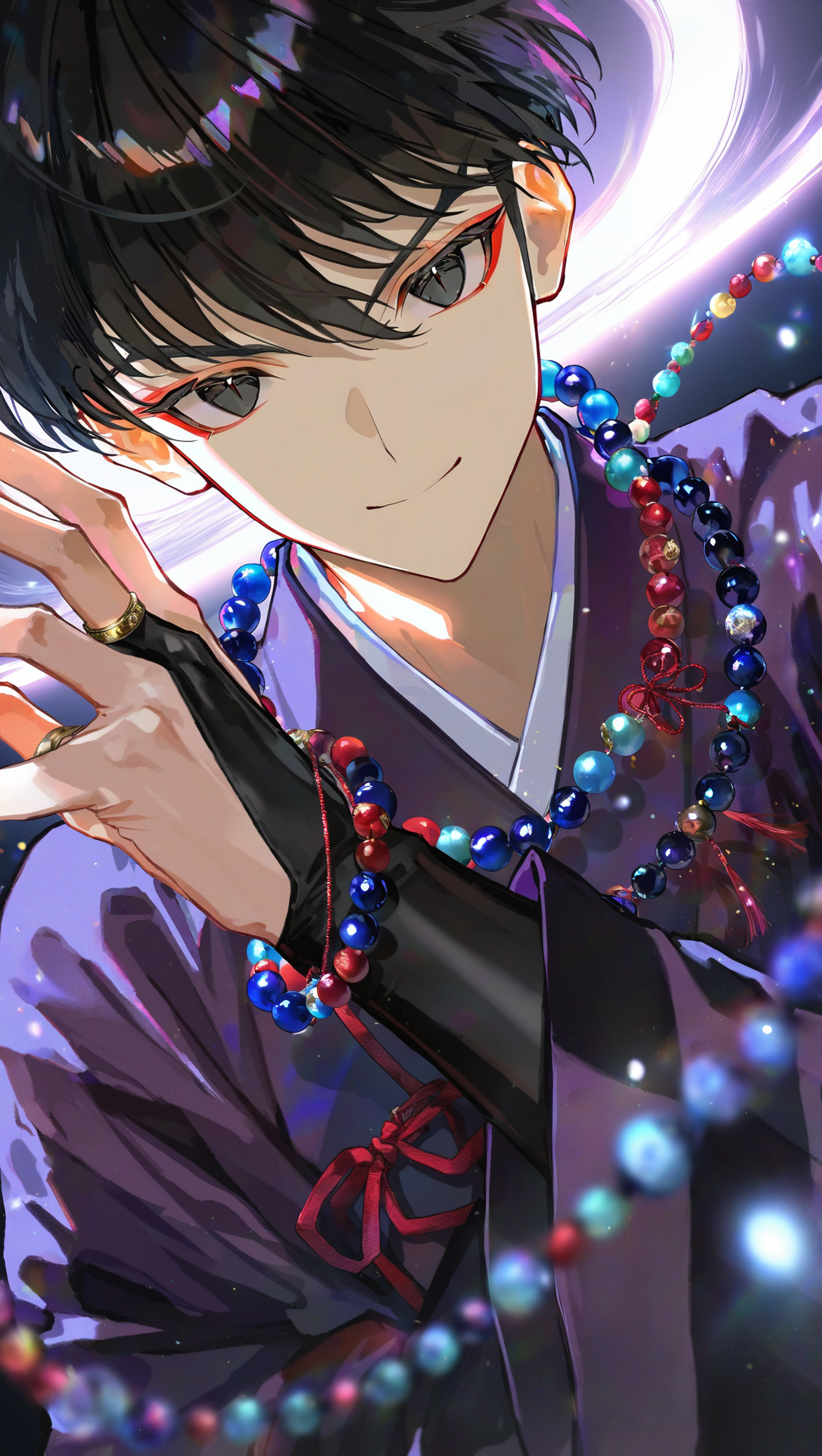 (artist:[diyokama|fuzichoco|yoneyama mai|lam \(ramdayo\)|quasarcake]:0.8), (takahashi rumiko \(style\):1.2),
miroku \(inuyasha\), 1boy, male focus, solo, black hair, looking at viewer, upper body, dark purple kimono, smile, bracelet, bridal gauntlets, beads, hair between eyes, wide sleeves, black eyes, short hair, long sleeves, v-shaped eyebrows,
dark, backlighting, black hole, depth of field, dutch angle,
masterpiece, best quality, very awa, absurdres
<lora:noobai_vpred_1_inuyasha_v1:1>
<lora:noobai_vpred_1_masterpieces_v1:1>