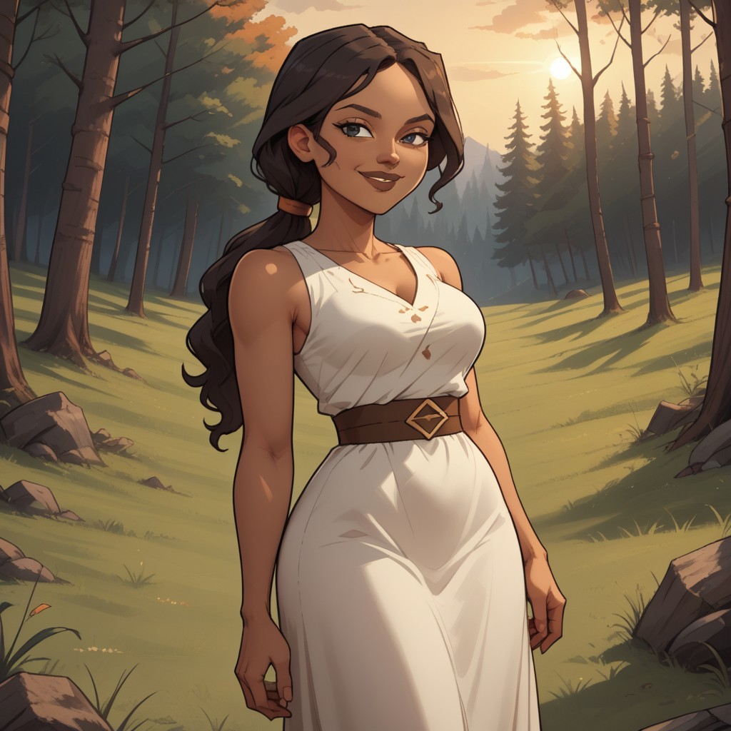 score_9, score_8, BREAK, solo, brown hair, ponytail, black eyes, brown lips, white dress, brown sandals, breasts, total drama, Priyas_mother_(Total_Drama), dark skin, dark skin female, sexy pose, self portrait, smile, looking at viewer, outdoors, sunlight, shadows, evening lighting, natural lighting, forest, trees, grass, orange sky, sunset