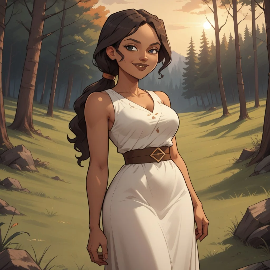 score_9, score_8, BREAK, solo, brown hair, ponytail, black eyes, brown lips, white dress, brown sandals, breasts, total drama, Priyas_mother_(Total_Drama), dark skin, dark skin female, sexy pose, self portrait, smile, looking at viewer, outdoors, sunlight, shadows, evening lighting, natural lighting, forest, trees, grass, orange sky, sunset