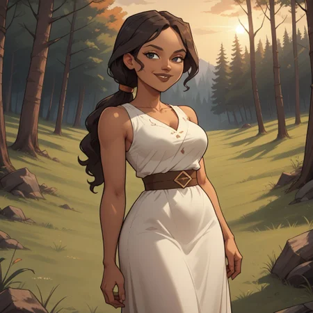 score_9, score_8, BREAK, solo, brown hair, ponytail, black eyes, brown lips, white dress, brown sandals, breasts, total drama, Priyas_mother_(Total_Drama), dark skin, dark skin female, sexy pose, self portrait, smile, looking at viewer, outdoors, sunlight, shadows, evening lighting, natural lighting, forest, trees, grass, orange sky, sunset