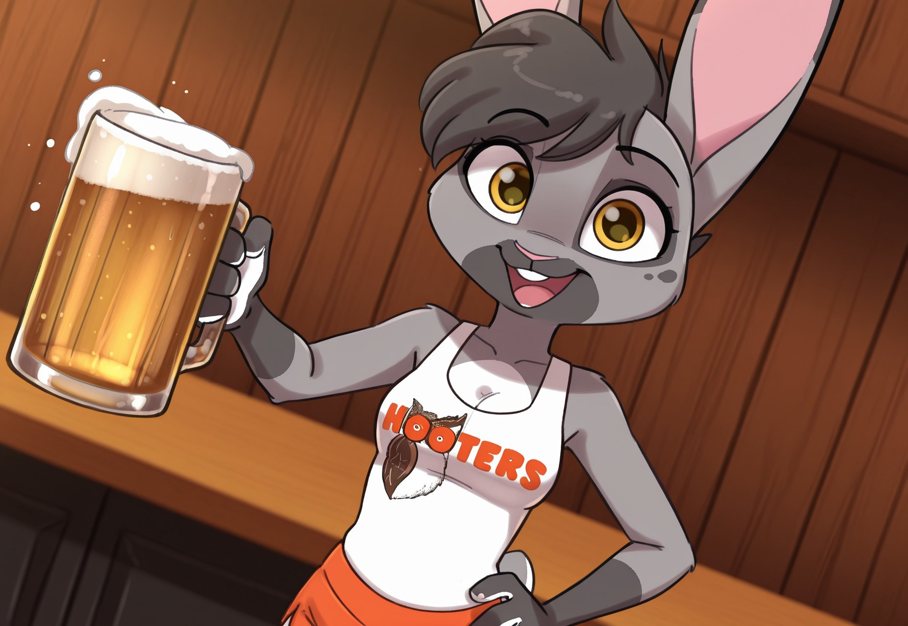 8k, uncensored, masterpiece, best quality, highly detailed, cartoon, 1girl, solo, CatherineHopps, female furry, anthro, lagomorph, bunny, pink inner ear, black hair, short hair, pink nose, yellow eyes, black pupils, grey body, grey fur, multicolored body, buckteeth, small breasts, smile, open mouth, HootersUniform, employee uniform, short shorts, orange shorts, tank top, white shirt, standing, front view, dutch angle, bar, holding beer, hand on hip, offering beer, detailed background, ((4 fingers, looking at viewer)), upper body, white palms