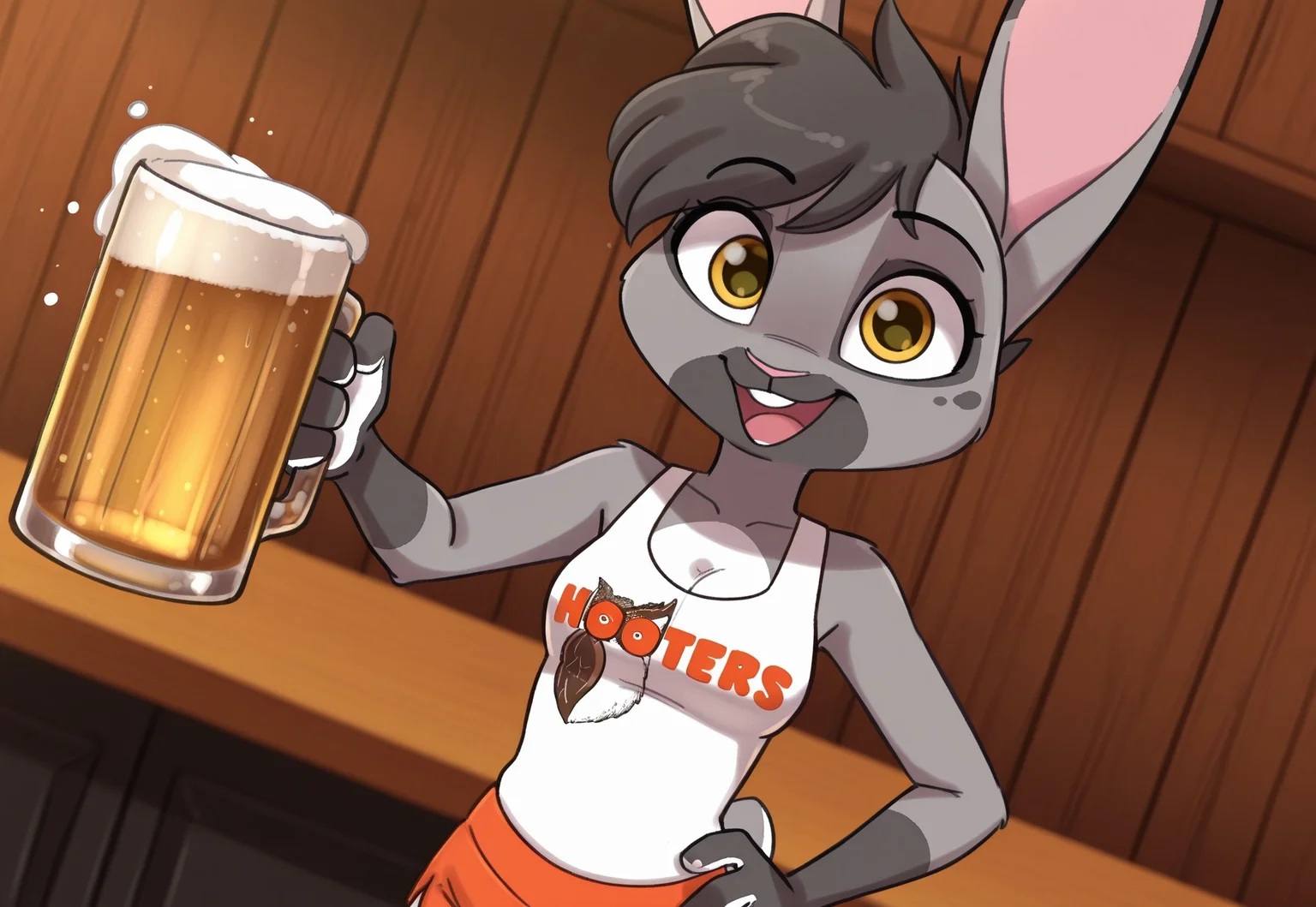 8k, uncensored, masterpiece, best quality, highly detailed, cartoon, 1girl, solo, CatherineHopps, female furry, anthro, lagomorph, bunny, pink inner ear, black hair, short hair, pink nose, yellow eyes, black pupils, grey body, grey fur, multicolored body, buckteeth, small breasts, smile, open mouth, HootersUniform, employee uniform, short shorts, orange shorts, tank top, white shirt, standing, front view, dutch angle, bar, holding beer, hand on hip, offering beer, detailed background, ((4 fingers, looking at viewer)), upper body, white palms