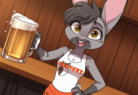 8k, uncensored, masterpiece, best quality, highly detailed, cartoon, 1girl, solo, CatherineHopps, female furry, anthro, lagomorph, bunny, pink inner ear, black hair, short hair, pink nose, yellow eyes, black pupils, grey body, grey fur, multicolored body, buckteeth, small breasts, smile, open mouth, HootersUniform, employee uniform, short shorts, orange shorts, tank top, white shirt, standing, front view, dutch angle, bar, holding beer, hand on hip, offering beer, detailed background, ((4 fingers, looking at viewer)), upper body, white palms