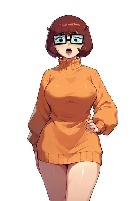 score_9, score_8_up, score_7_up, score_6_up, source_cartoon, 1girl, solo, 
large breasts, sexy hips, shiny skin, 
delscoob, velma, large breasts, sweater, hand on hip, looking at viewer