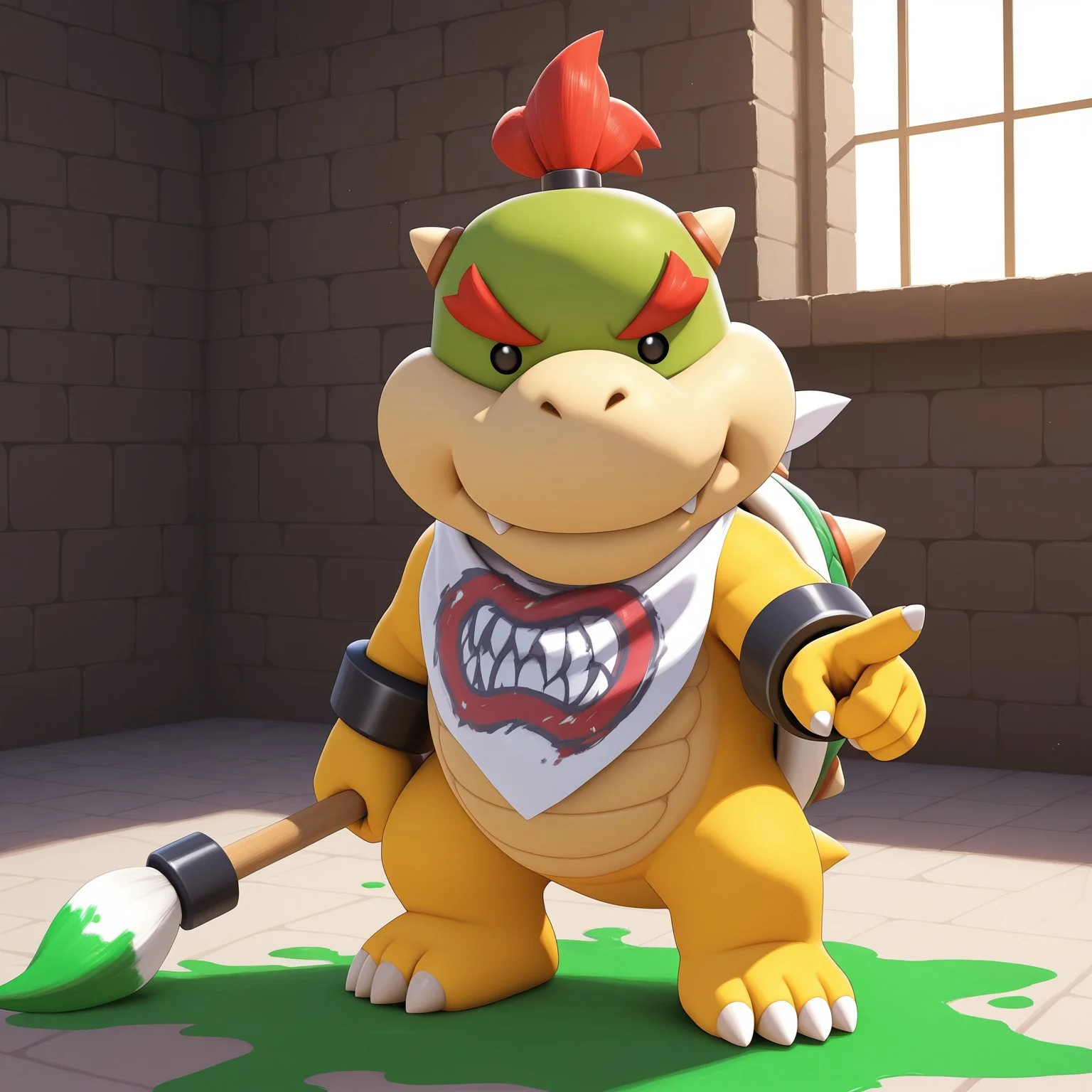 1boy, 2d, solo, Bowserjr, male, ponytail, red hair, no sclera, dot eyes, red eyebrows, black pupils, shelled, green spiked shell, small tail, neckerchief, black bracelets, scalie, yellow skin, green head, claws, toe claws, 3 toes, small horns, 

BREAK holding a giant paint brush, pointing paint brush at viewer, angry expression, looking at viewer, standing, indoors, castle

BREAK best quality, amazing quality, very aesthetic, absurdres, newest, masterpiece 
