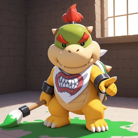 1boy, 2d, solo, Bowserjr, male, ponytail, red hair, no sclera, dot eyes, red eyebrows, black pupils, shelled, green spiked shell, small tail, neckerchief, black bracelets, scalie, yellow skin, green head, claws, toe claws, 3 toes, small horns,
BREAK holding a giant paint brush, pointing paint brush at viewer, angry expression, looking at viewer, standing, indoors, castle
BREAK best quality, amazing quality, very aesthetic, absurdres, newest, masterpiece