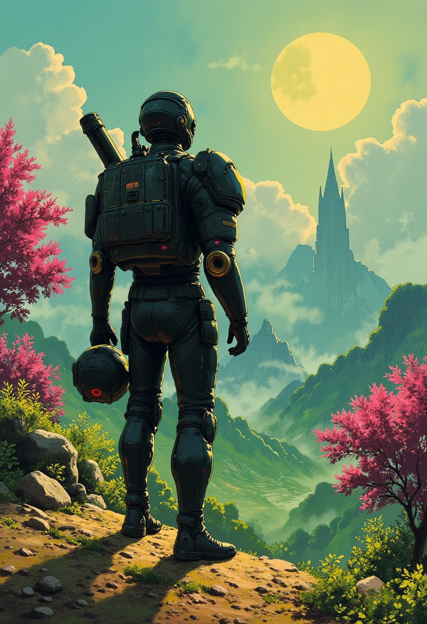 Vector art, uhd, 8k, 4k, epic, dramatic, 4k quality, (Perfect hand:1.4), (masterpiece), (superhero), detailed, ghiblistyle, Perfect hand
Rendered in a style redolent of Impressionism, the painting utilizes a vibrant.
A man in large, bulky battle armor, in the style of hell divers, stands on a hill overlooking a foreign landscape on an alien planet. He holds his helmet in his hand. His back to the camera. His armor is black with gold accents. The planet is lush green with trees with pink leaves. 
The style is abstract. (Side angle:1.3) 
Dim lighting, sharp detail