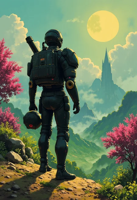 Vector art, uhd, 8k, 4k, epic, dramatic, 4k quality, (Perfect hand:1.4), (masterpiece), (superhero), detailed, ghiblistyle, Perfect hand
Rendered in a style redolent of Impressionism, the painting utilizes a vibrant.
A man in large, bulky battle armor, in the style of hell divers, stands on a hill overlooking a foreign landscape on an alien planet. He holds his helmet in his hand. His back to the camera. His armor is black with gold accents. The planet is lush green with trees with pink leaves. 
The style is abstract. (Side angle:1.3) 
Dim lighting, sharp detail