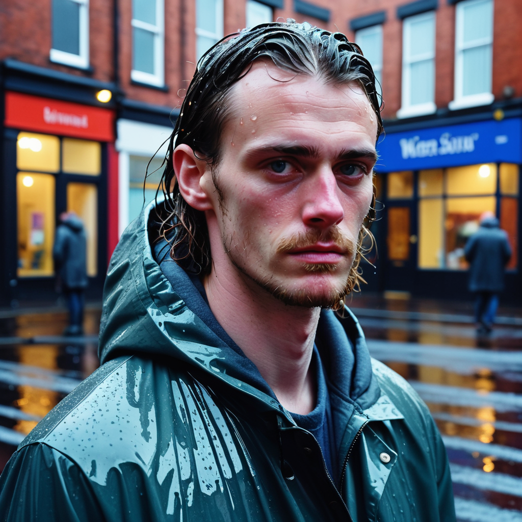 ethereal dreamlike photograph evoking ennui and desperation tinged with sadness, a Mancunian dude with wet hair on a rainy Northern Quarter street, vividly queer, high saturation