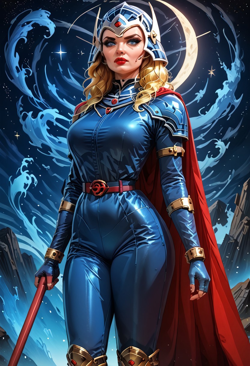 starry_morph, MILF, 32 years old, blonde hair, black leather vampire cape, sloppy wavy hair, sexy red boots, revealing outfit, red lips, mascara, eyelashes, hourglass figure, strong, big blue eyes, seductive, mature female, m1lfm3t3r, anezaki mamori, masterpiece, highest quality, realistic skin texture:1.5, high, tear shaped boobs, drow ranger, drow ranger \(dota2\), Masterpiece, 32k, photorealistic:1.4, score_9, score_8_up, score_7_up, huge boobs, small waist, wide hips, high cheekbones, oval face, slim waist, wide hips, thick thighs, full hips, DARK SIDE \(PICTURE BOOK\), NO FACE, colorful background, vivid colors, volumetric light, cinematic light, extremely detailed, bgbrda, top, bodysuit, helmet, armlet, bracelet, gloves, chainmail, skirt, boots, holding weapon, holding rod, wass.