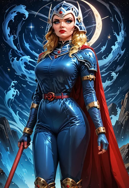 starry_morph, MILF, 32 years old, blonde hair, black leather vampire cape, sloppy wavy hair, sexy red boots, revealing outfit, red lips, mascara, eyelashes, hourglass figure, strong, big blue eyes, seductive, mature female, m1lfm3t3r, anezaki mamori, masterpiece, highest quality, realistic skin texture:1.5, high, tear shaped boobs, drow ranger, drow ranger \(dota2\), Masterpiece, 32k, photorealistic:1.4, score_9, score_8_up, score_7_up, huge boobs, small waist, wide hips, high cheekbones, oval face, slim waist, wide hips, thick thighs, full hips, DARK SIDE \(PICTURE BOOK\), NO FACE, colorful background, vivid colors, volumetric light, cinematic light, extremely detailed, bgbrda, top, bodysuit, helmet, armlet, bracelet, gloves, chainmail, skirt, boots, holding weapon, holding rod, wass.