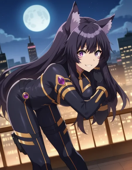 score_9, score_8_up, score_7_up, source_anime,
shadowdelta, <lora:shadow-delta-ponyxl-lora-nochekaiser:1>,
delta, long hair, black hair, animal ears, purple eyes, cat ears, animal ear fluff, facial mark, smile,
bodysuit, black bodysuit,
outdoors, cityscape, night, moon, bent over,
looking at viewer, cowboy shot, dutch angle,