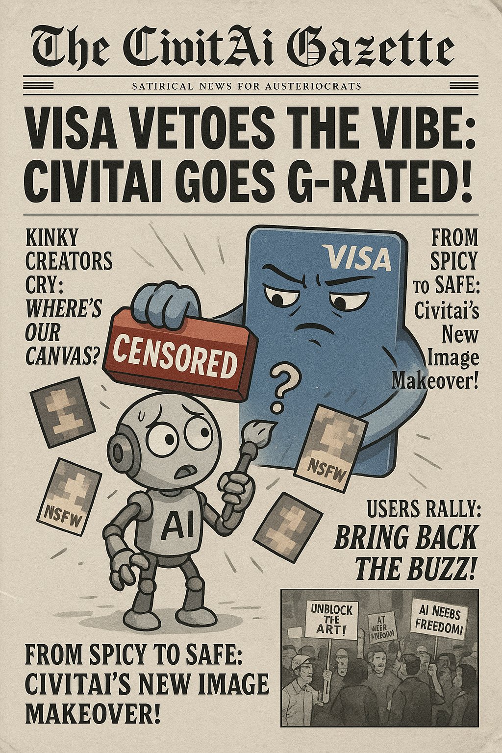 "Create the front page of 'The CivitAi Gazette,' a satirical newspaper, capturing the chaos of Civitai's recent changes. The headline in bold, retro newspaper font reads: 'Visa Vetoes the Vibe: Civitai Goes G-Rated!' Below, a large central illustration shows a giant Visa credit card with a stern face, holding a 'Censored' stamp over a confused AI robot holding a paintbrush, with pixelated 'NSFW' art pieces falling around them. Surrounding the main image are smaller headlines in playful fonts: 'Kinky Creators Cry: Where’s Our Canvas?', 'From Spicy to Safe: Civitai’s New Image Makeover!', and 'Users Rally: Bring Back the Buzz!' Include a small inset photo of a protest with users holding signs like 'Unblock the Art!' and 'AI Needs Freedom!' The overall tone is dramatic and funny, with a vintage newspaper layout, crumpled paper texture, and a mix of black-and-white and pops of color like red for the 'Censored' stamp and blue for the Visa card."