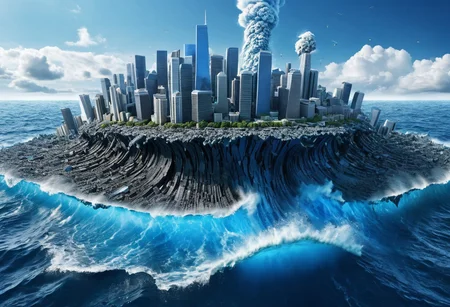 Concept photo, Incredibly Detailed Accurate Picture Of a Blue Kenji Destroying A City On The Ocean Floor