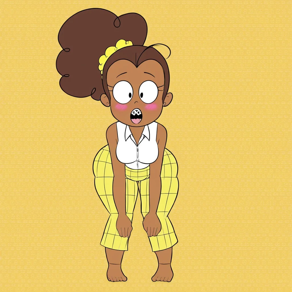 (Luan Loud,brown hair,ponytail,black eyes,yellow scrunchie) (braces,buck teeth)(tall:0.7) (small breasts,thin arms,huge hips,huge thighs,huge butt,long legs) ) (white shirt,collared shirt,sleeveless,yellow skirt,plaid skirt) (brown skin:1), (bottomless), (bottom-heavy), bent over, hands on floor, on all fours, blush, blushing front above