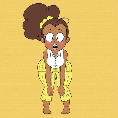 (Luan Loud,brown hair,ponytail,black eyes,yellow scrunchie) (braces,buck teeth)(tall:0.7) (small breasts,thin arms,huge hips,huge thighs,huge butt,long legs) ) (white shirt,collared shirt,sleeveless,yellow skirt,plaid skirt) (brown skin:1), (bottomless), (bottom-heavy), bent over, hands on floor, on all fours, blush, blushing front above
