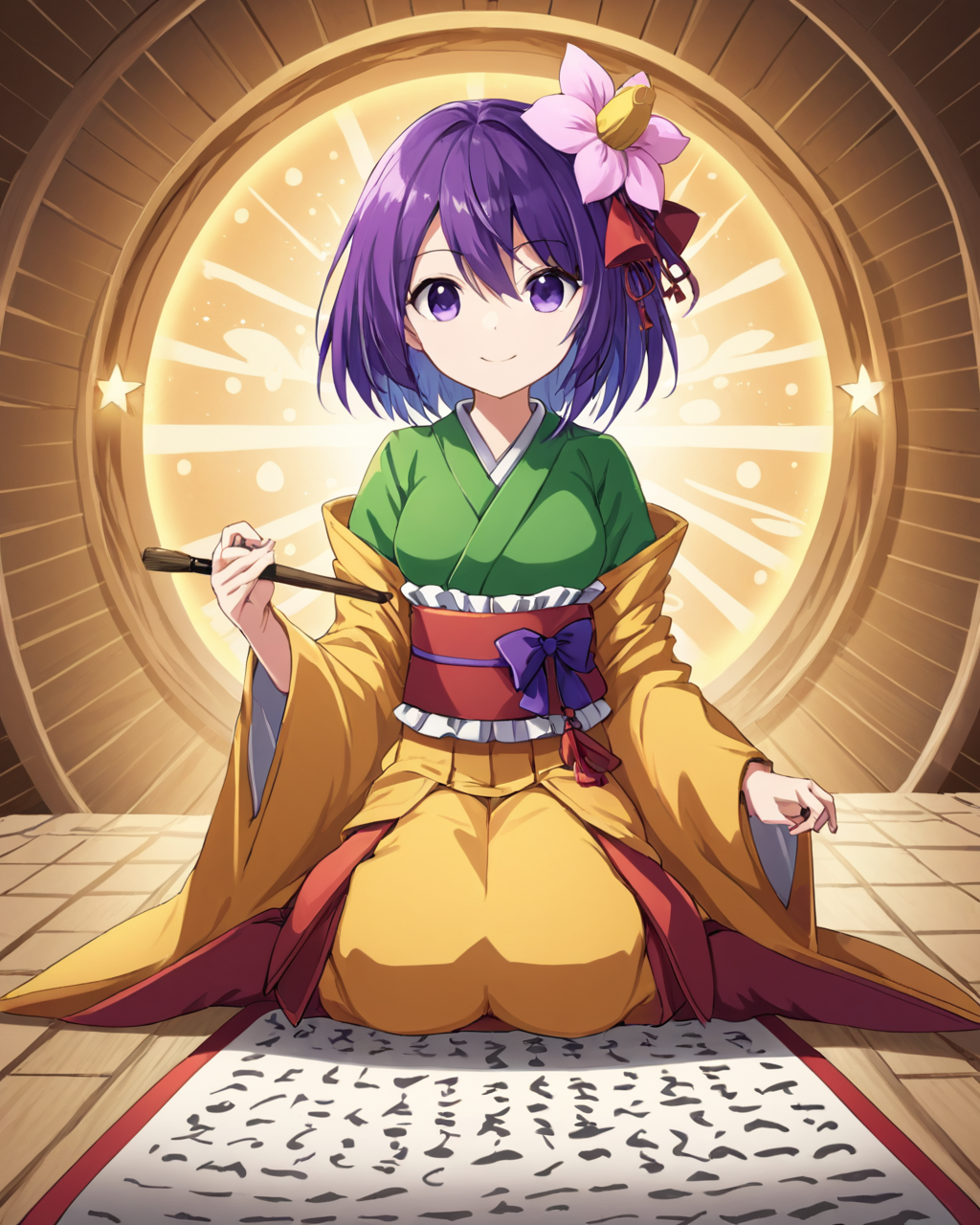 hieda no akyuu,1girl, solo, hair_flower, calligraphy_brush, scroll, smile, hair_over_one_eye, kimono, obi, looking_at_viewer, wide_sleeves, sitting
<lora:hieda_no_akyuu_image926_2023-12-20:1>,star-shaped_pupils,symbol-shaped_pupils,. gorgeous,key visual, vibrant, studio anime,award-winning, professional, highly detailed,high budget, cinemascope