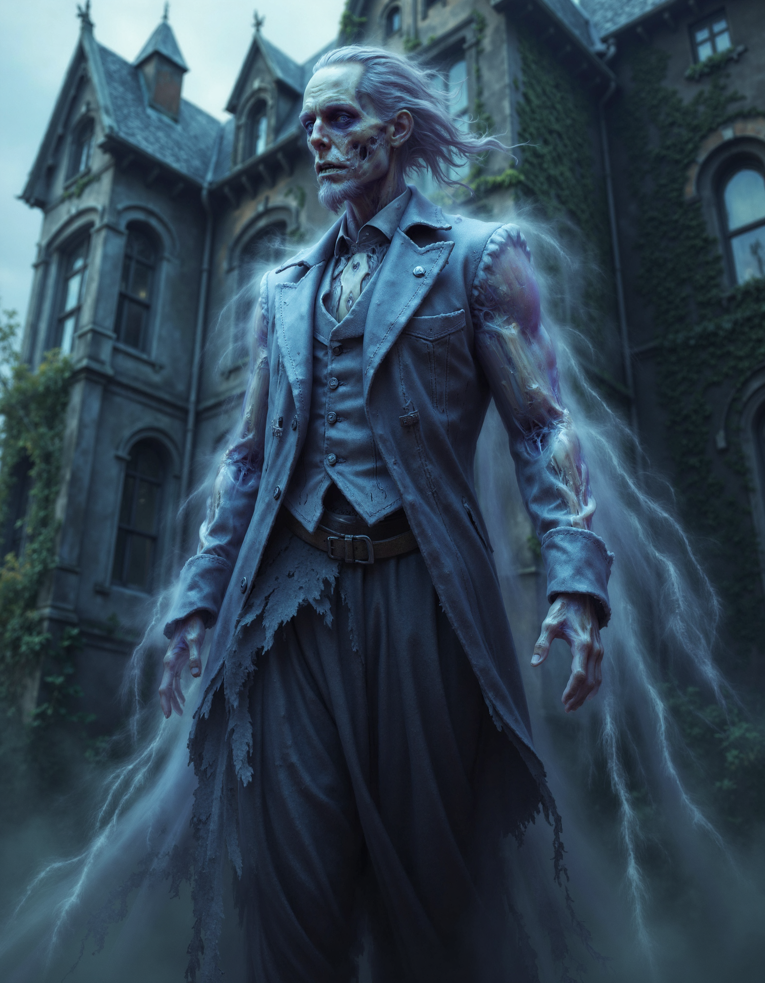 zavy-ghst, Low-angle shot capturing a spectral male ghost with tattered Victorian attire and a shimmering aura, drifting aimlessly as if lost in thought, set against a crumbling old mansion covered in ivy and moonlight, ethereal and surreal photographic style that enhances translucent features, muted blues and purples intermingled with hints of silver reflecting soft light.