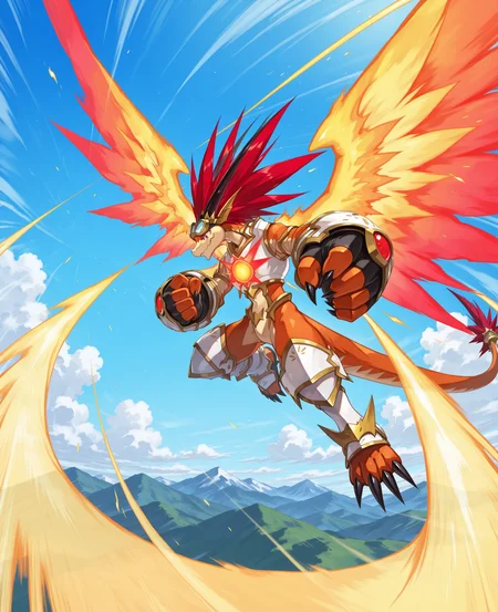 2d, male, Bal Dragon, solo, no human, dragon, dynamic tail pose, red eyes, medium red hair, long horns, armor, claws, wearing white goggles backward, leaping high into the air, flames trailing from his body, powerful pose mid-air, fiery wings, glowing aura,
BREAK  closed mouth, smile, full body, outdoors, closed-up, 
BREAK best quality, amazing quality, very aesthetic, absurdres, newest, masterpiece, detailed eyes,